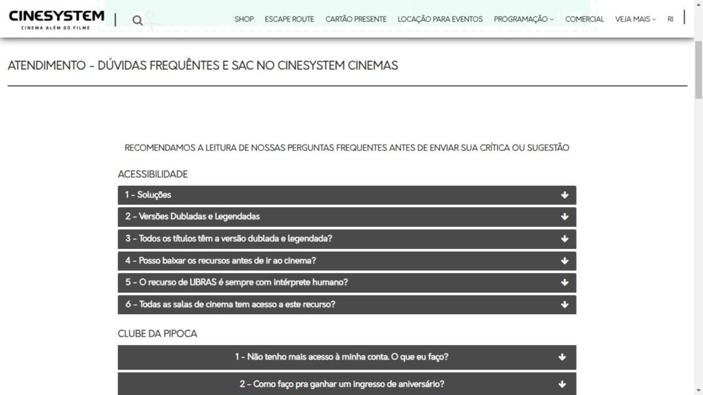 Página de atendimento Cinesystem